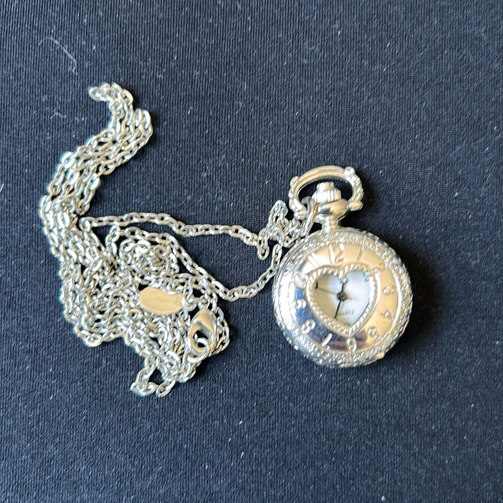 Pocket watch Silver plated Heart rose embossed locket   Necklace